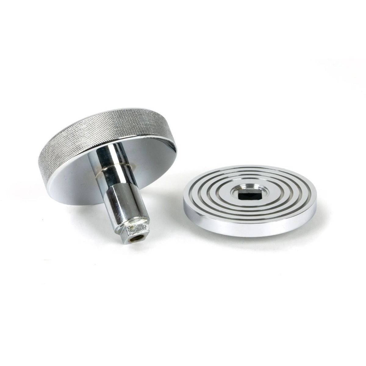 The Polished Chrome Knurled Centre Door Knob on Beehive Rose Displayed in Separate Sections 