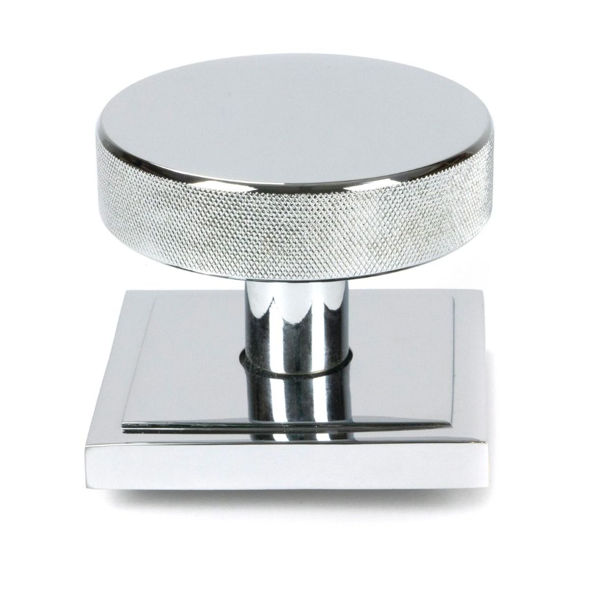 The Polished Chrome Knurled Centre Door Knob on Square Rose Shown Upright on a White Background 