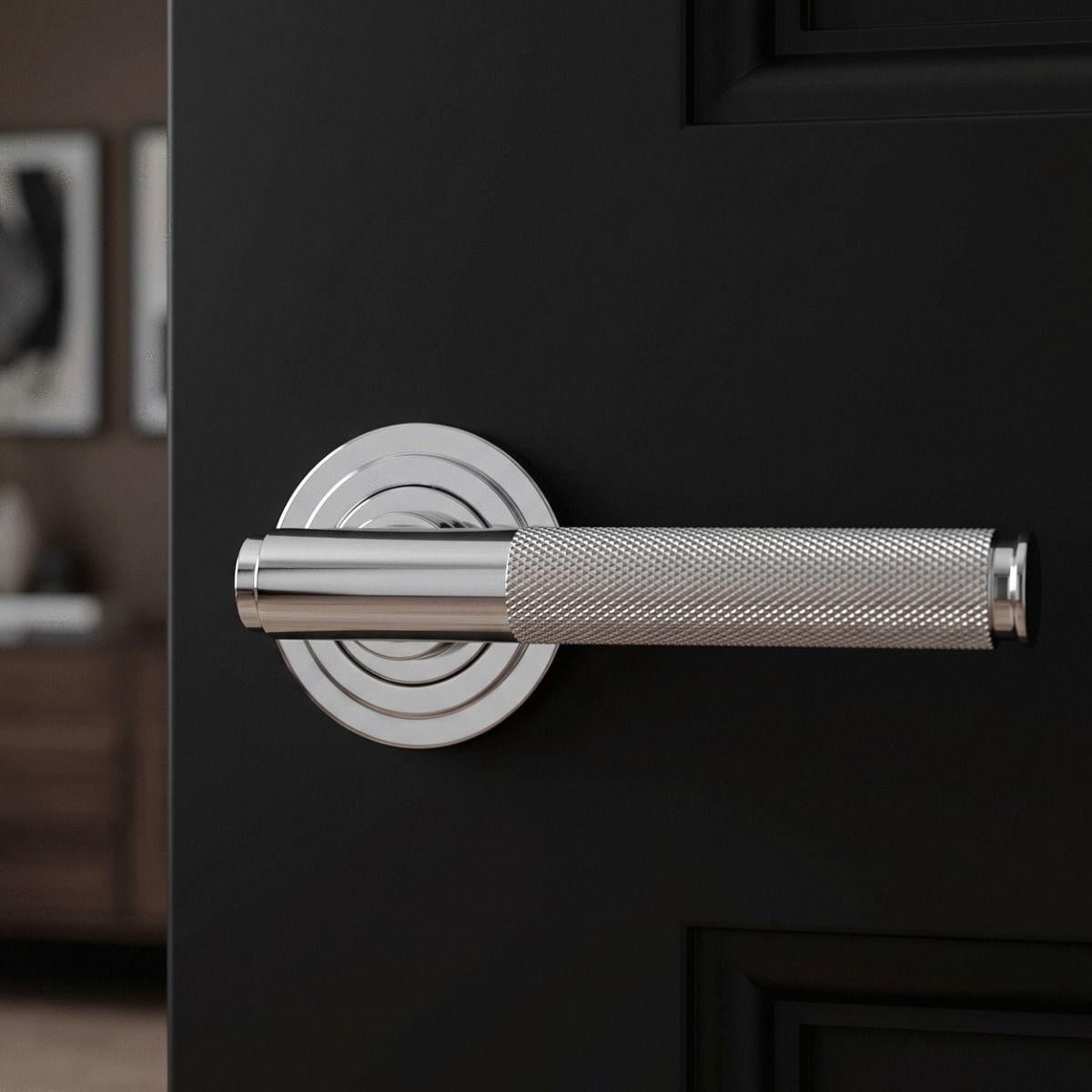 The Polished Chrome Knurled Lever on Art Deco Rose Set Shown up Close in a Cosy Home Interior - Digital Illustration