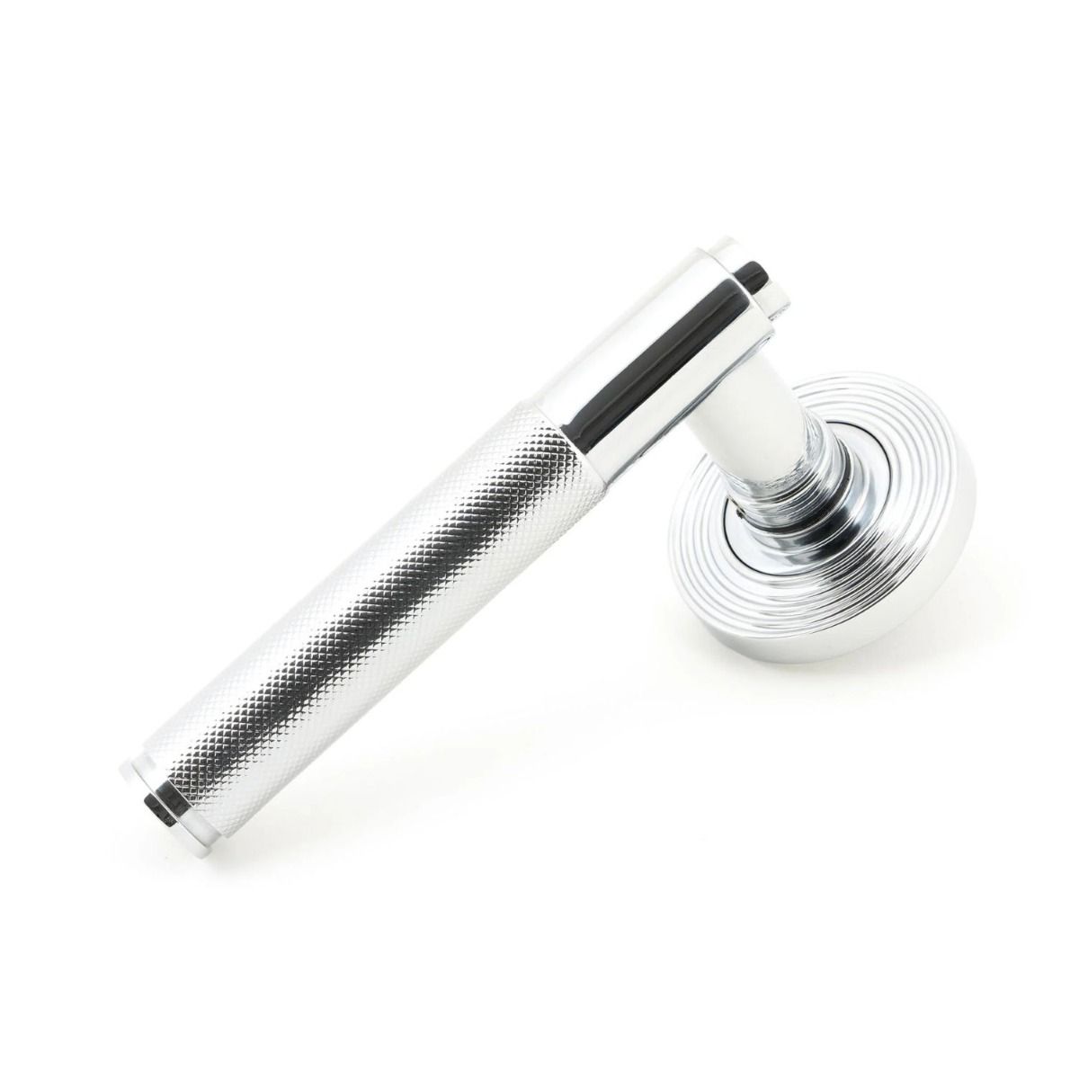 The Polished Chrome Knurled Lever on Beehive Rose Set on a White Background 