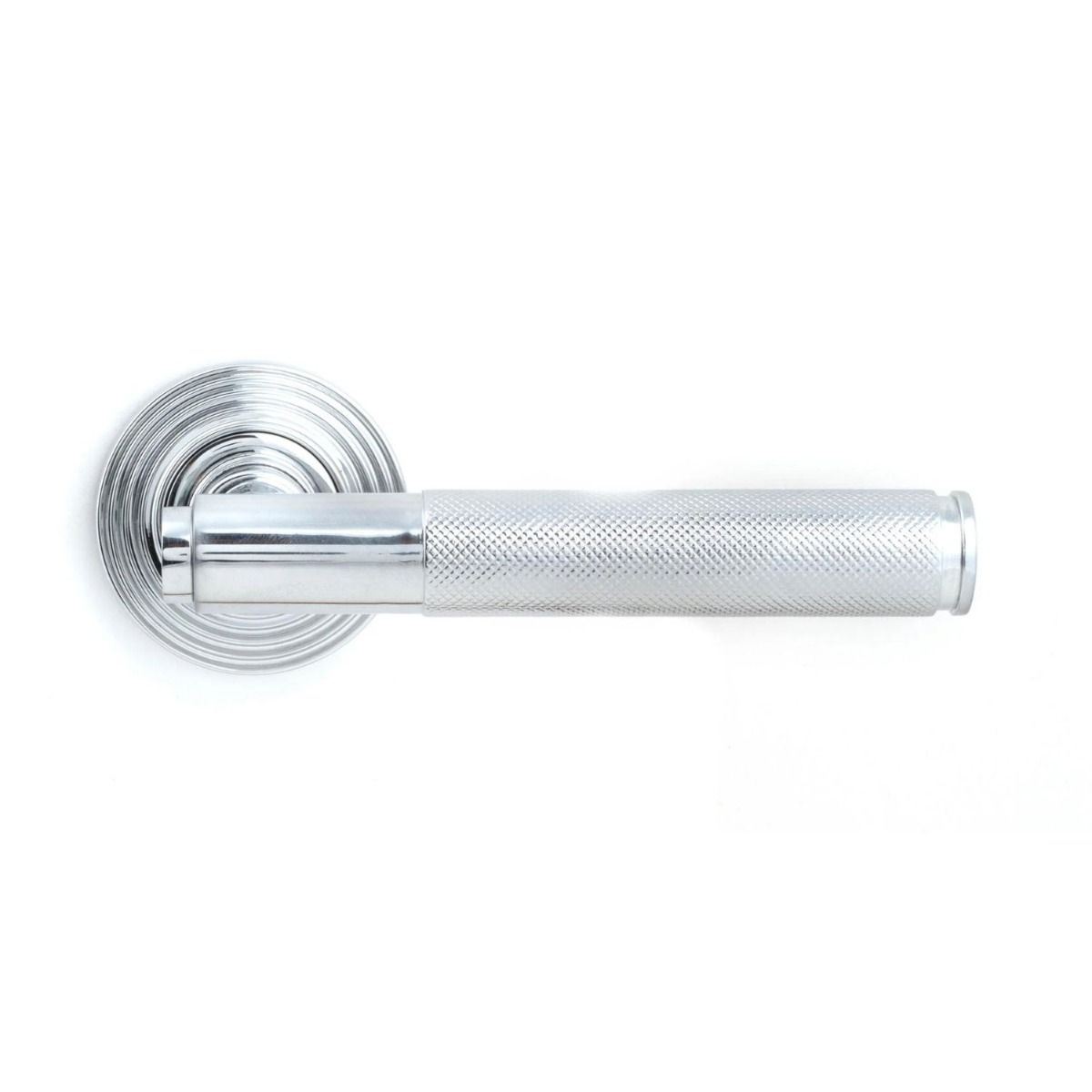 The Polished Chrome Knurled Lever on Beehive Rose Set Shown from the Front 