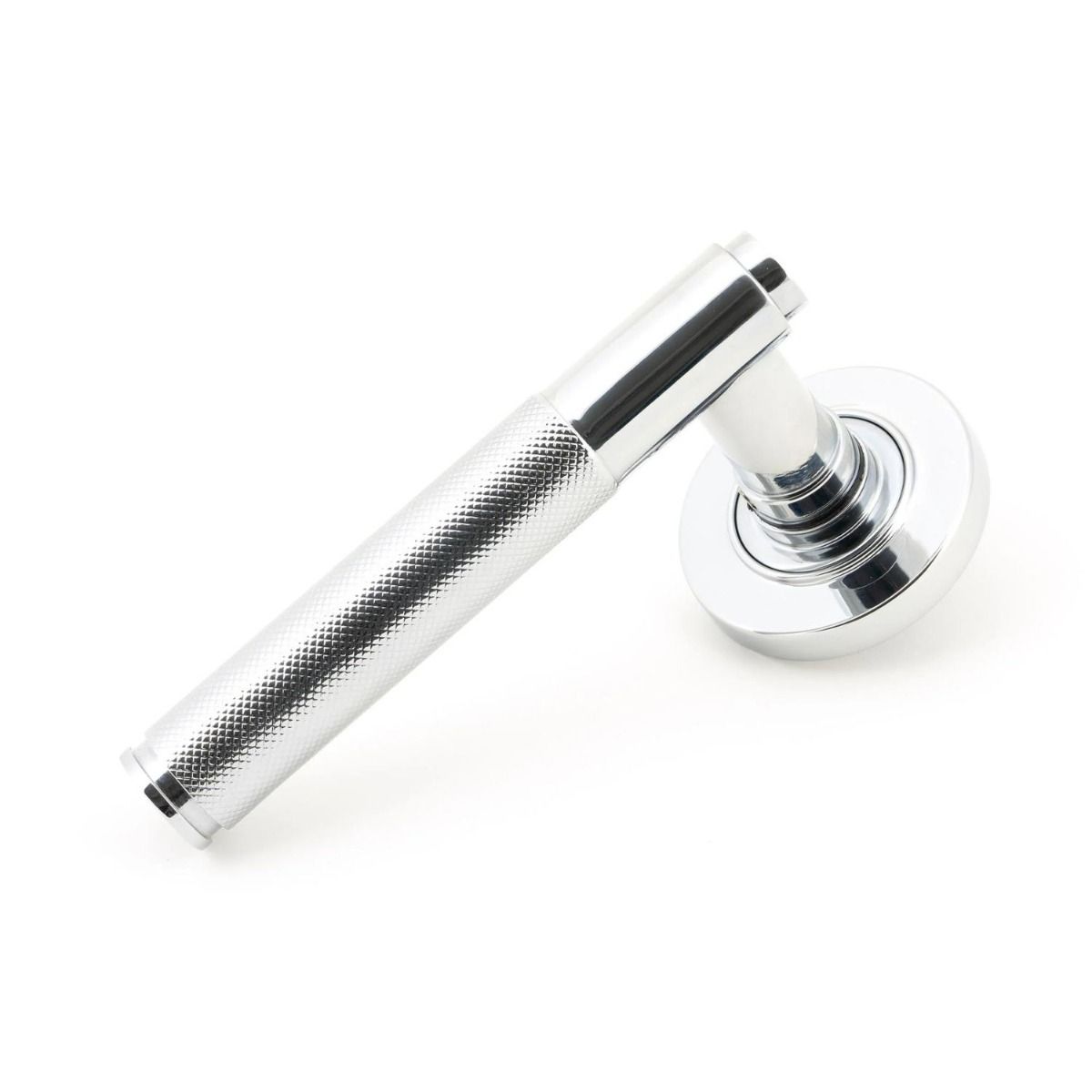 The Polished Chrome Knurled Lever on Plain Rose Set on a White Background 