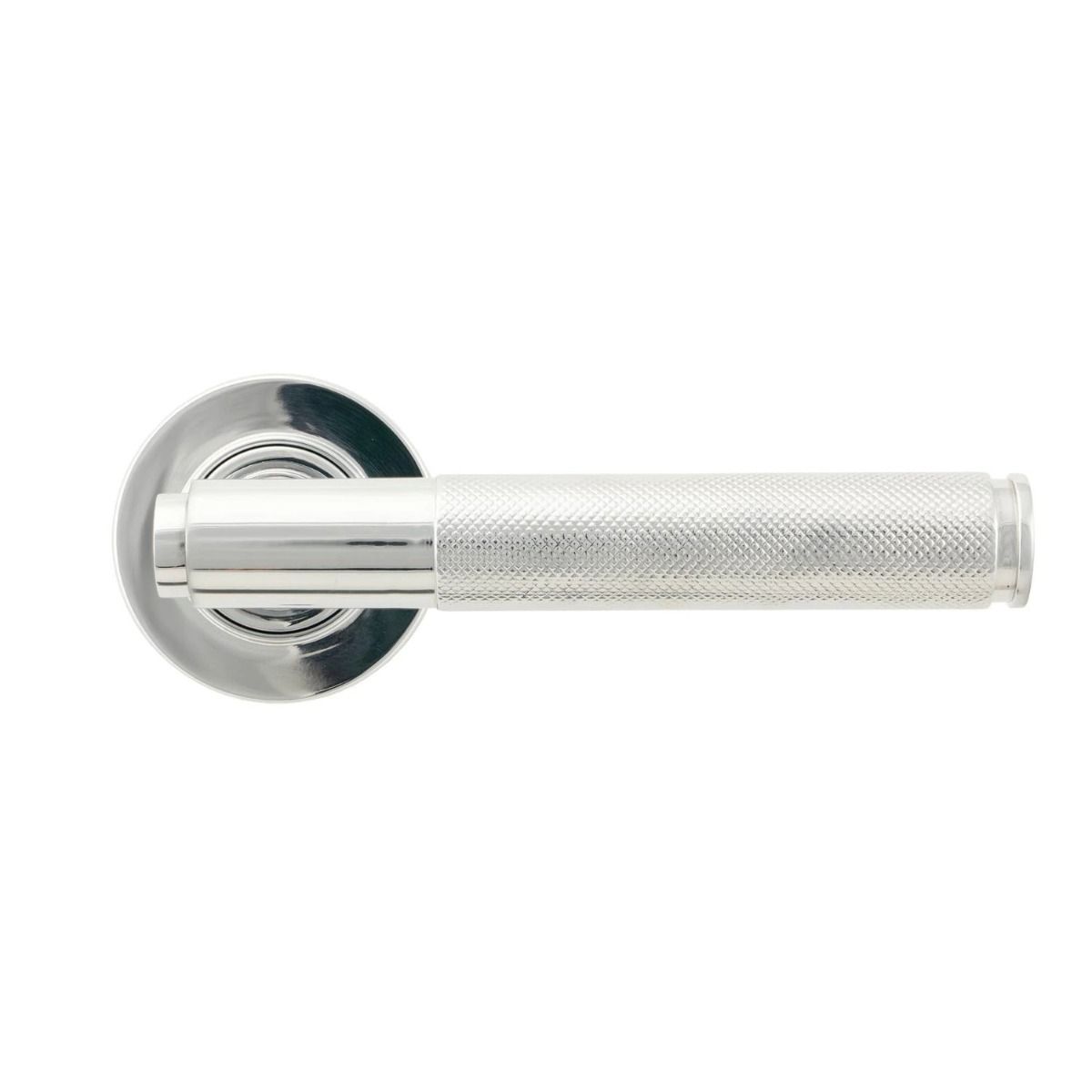 The Polished Chrome Knurled Lever on Plain Rose Set Shown from the Front
