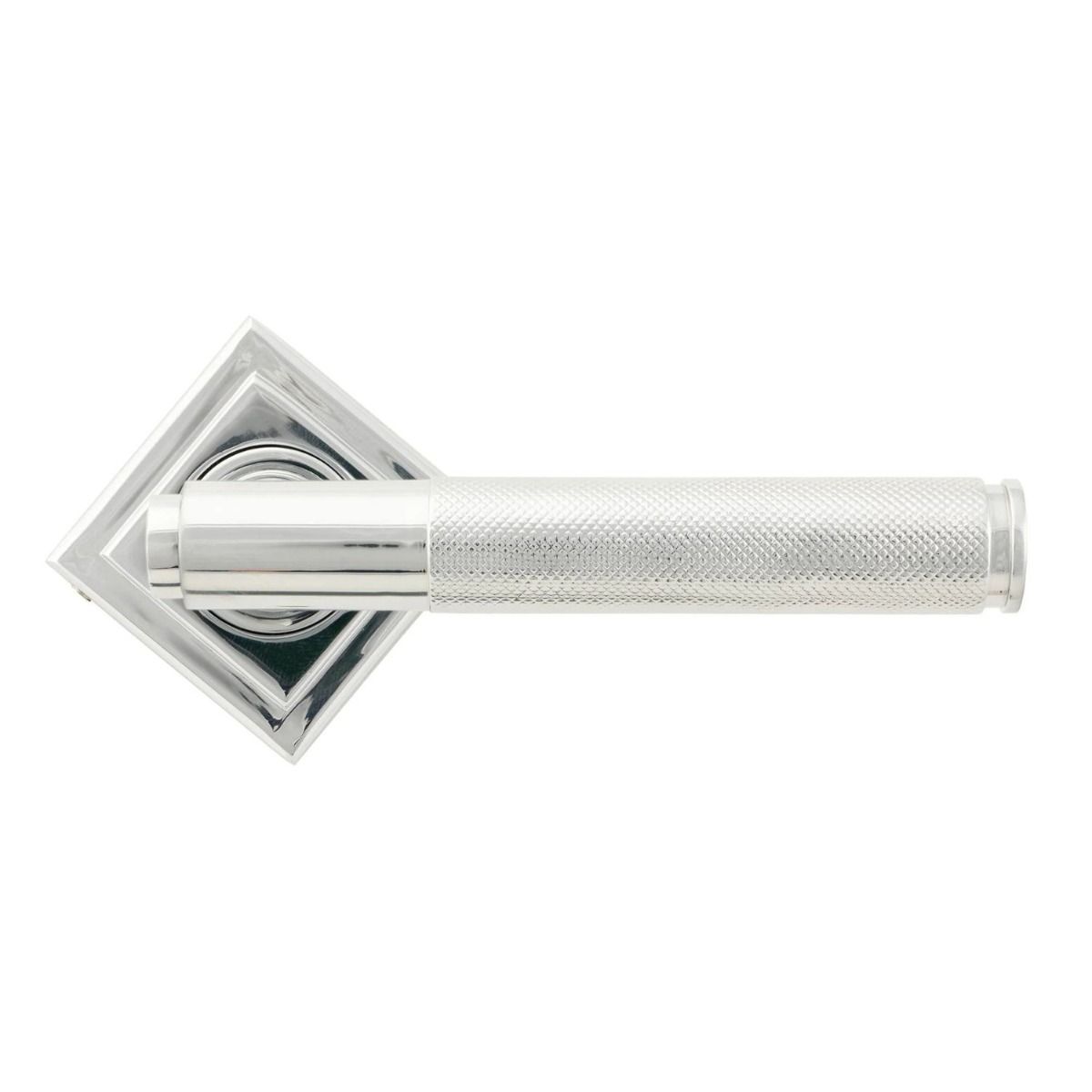The Polished Chrome Knurled Lever on Square Rose Set Shown in the Diamond Orientation