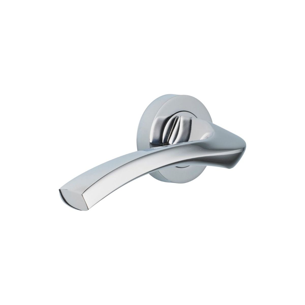 The Polished Chrome Round Rose Door Handles - Arched Flat-Top Lever Pair on a White Background