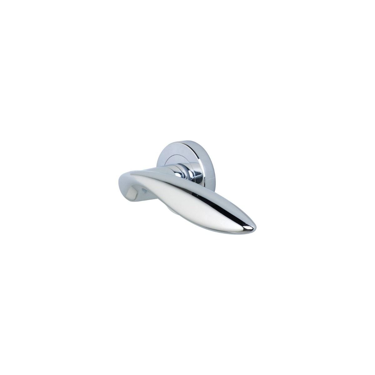 The Polished Chrome Round Rose Door Handles - Elegant Leaf Lever Pair on a White Background
