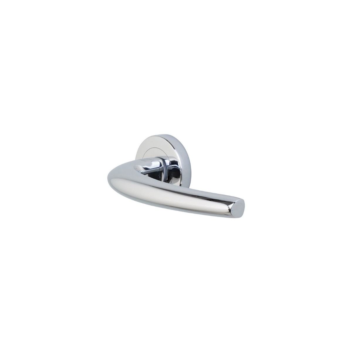 The Polished Chrome Round Rose Door Handles - Modern Crescent Lever Pair on a White Background