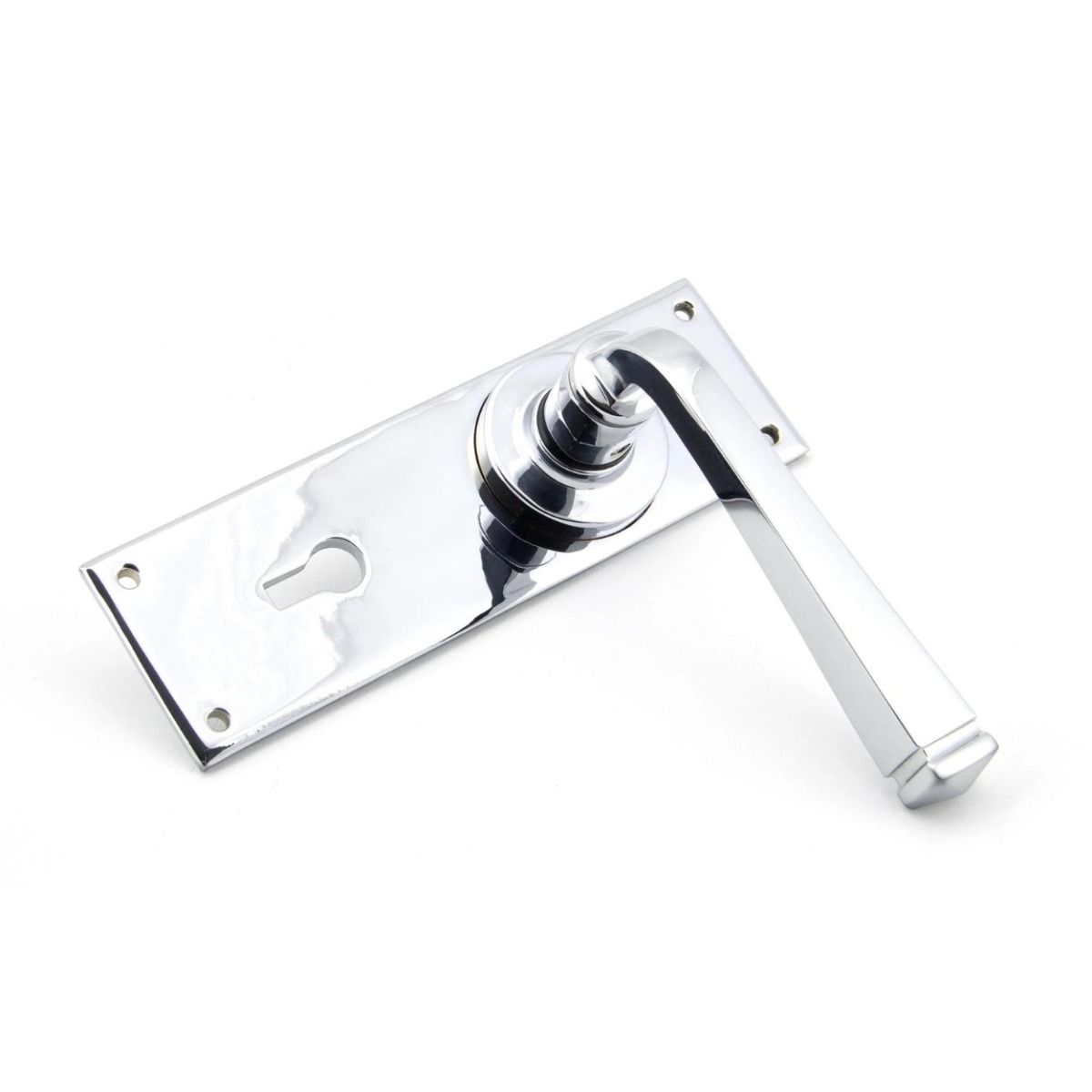 The Polished Chrome Sleek Architectural Lever Lock Door Handle Set on Plain Backplate Shown on its Side