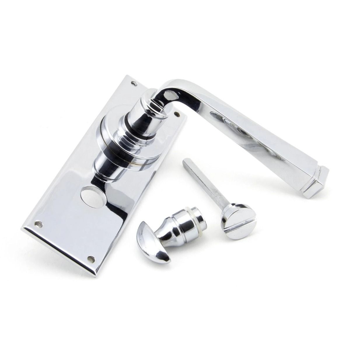 The Polished Chrome Sleek Architectural Privacy Suite Bathroom Lever Handles Shown on its Side 