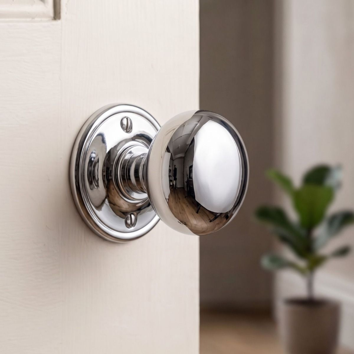 The Polished Chrome Small Mushroom Door Knobs in a Modern Apartment Setting - Digital Illustration