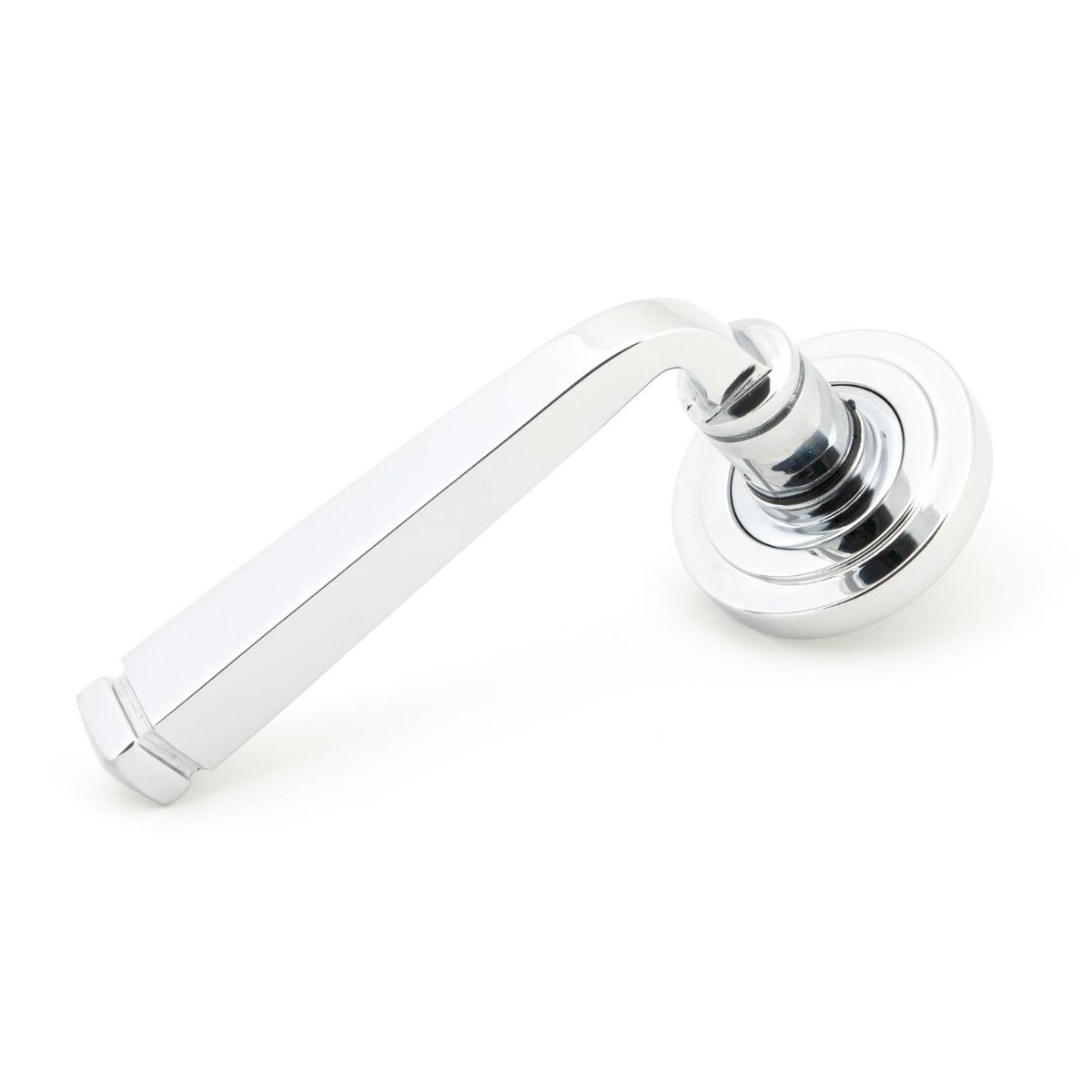 The Polished Chrome Tapered Lever on Art Deco Rose Set Shown at an Angle on a White Background