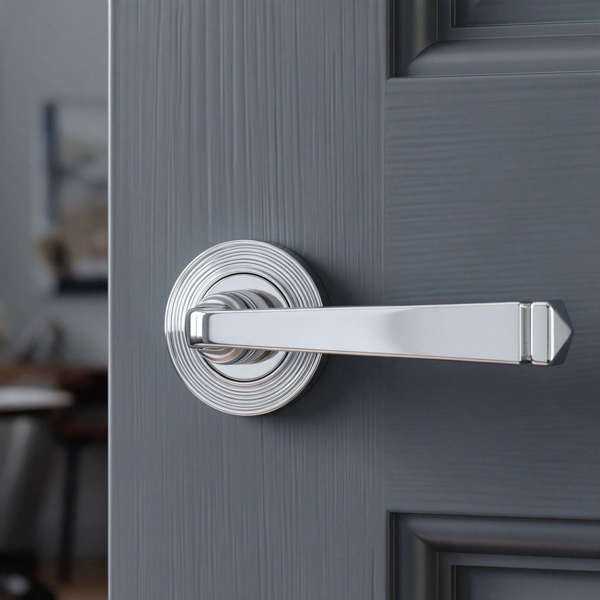 The Polished Chrome Tapered Lever on Beehive Rose Set on a Grey Door in a Home Office - Digital Illustration