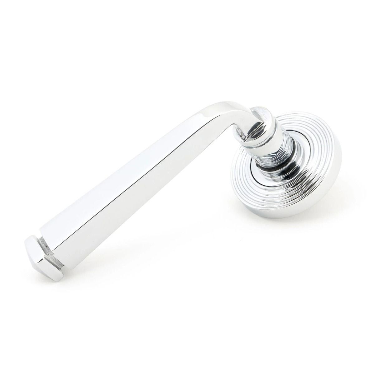 The Polished Chrome Tapered Lever on Beehive Rose Set on a White Background 