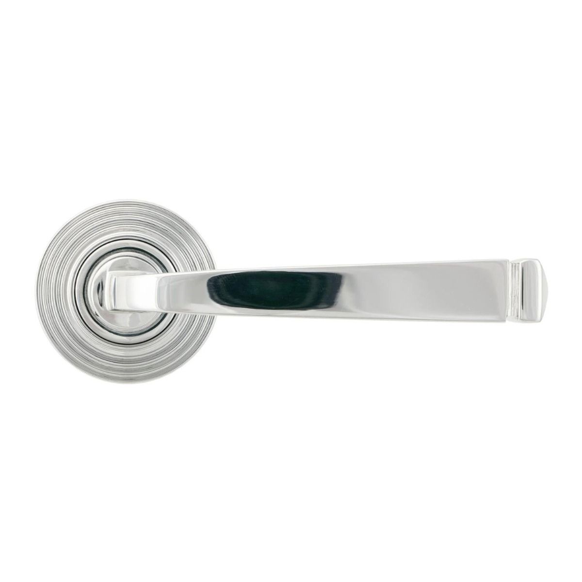 The Polished Chrome Tapered Lever on Beehive Rose Set Shown from the Front