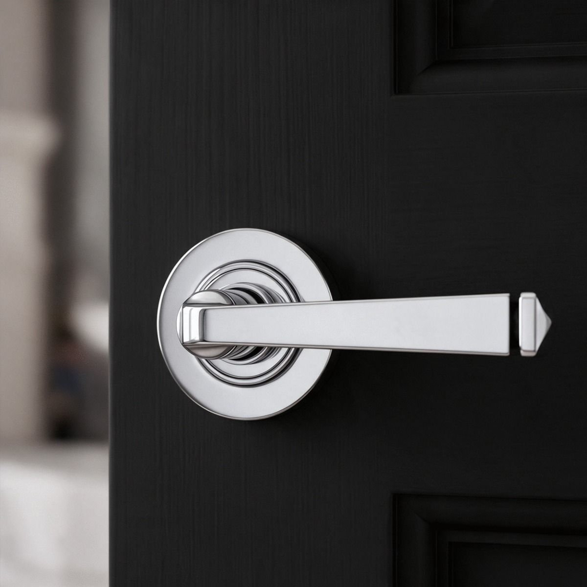 The Polished Chrome Tapered Lever on Plain Rose Set on a Jet Black Timber Door in a contemporary home - Digital Illustration