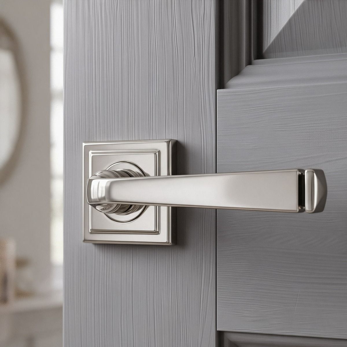 The Polished Chrome Tapered Lever on Square Rose Set on a Light Grey Door in a Cream Living Room Setting - Digital Illustration