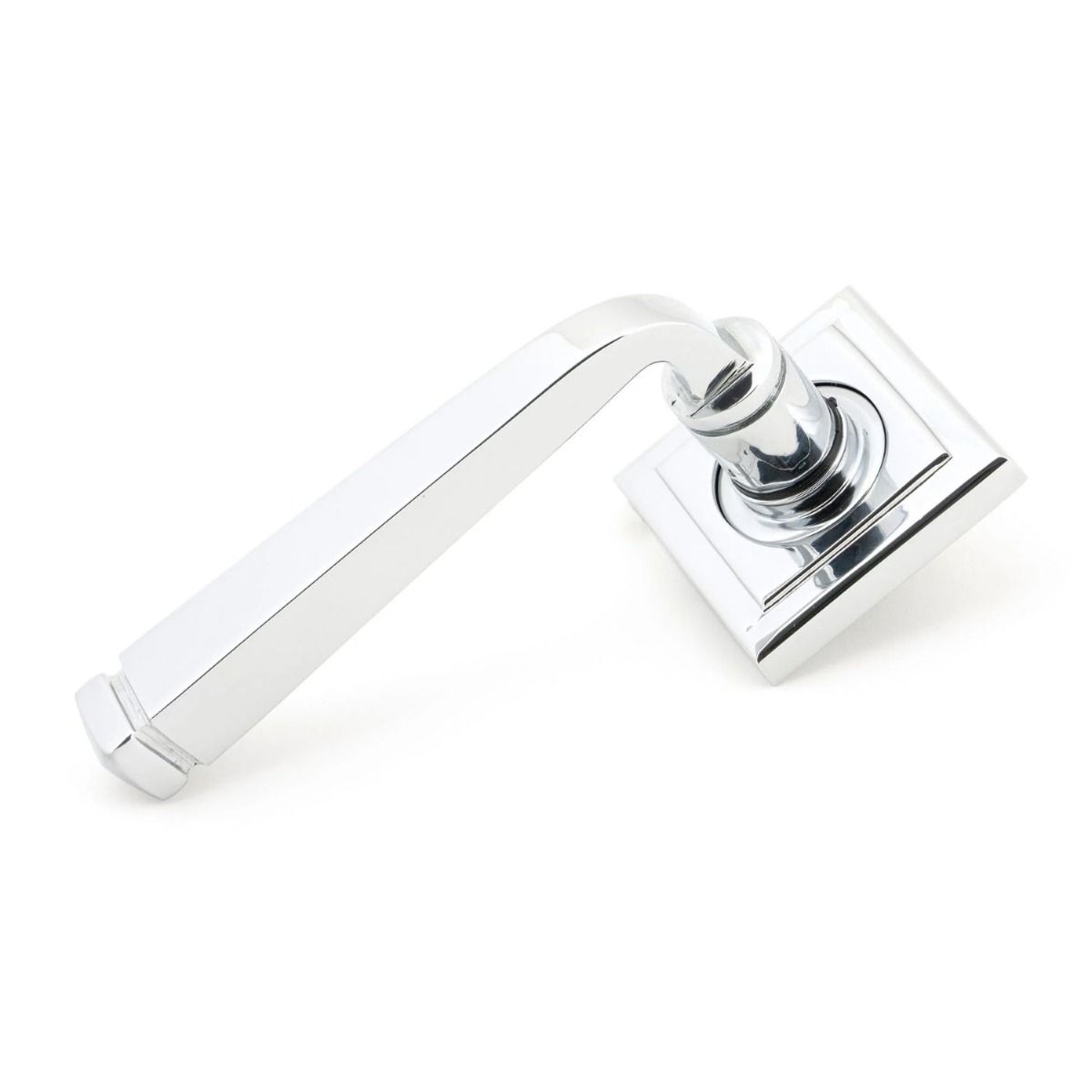 The Polished Chrome Tapered Lever on Square Rose Set on a White Background 