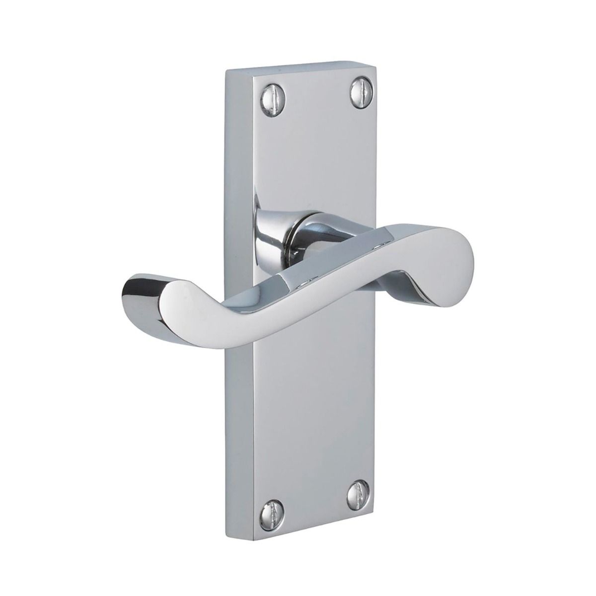 The Polished Chrome Victorian Scroll Door Handles - 115mm Lever Latch Pair on a White Background