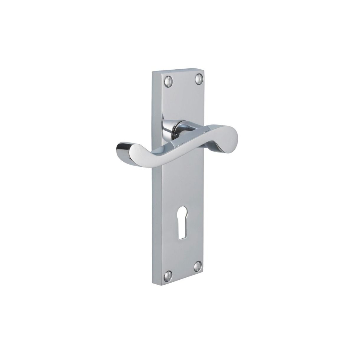 The Polished Chrome Victorian Scroll Lock Door Handles - 150mm Keyhole Lever Pair on a White Background