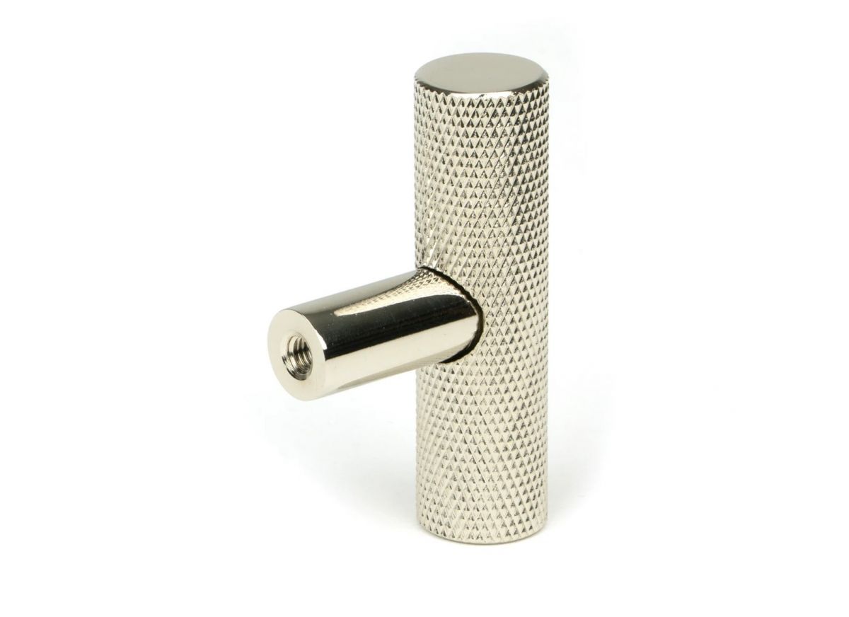 The Polished Nicked "Astor" Knurled Industrial T-Bar Cabinet Fitting Displayed on a White Background Show from Behind