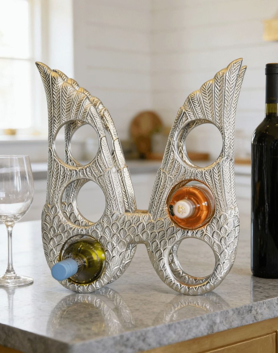 The Polished Nickel "Angel Wings" Wine Rack in a Luxury Modern Kitchen with Wine Bottles in the Holders - Digital Illustration