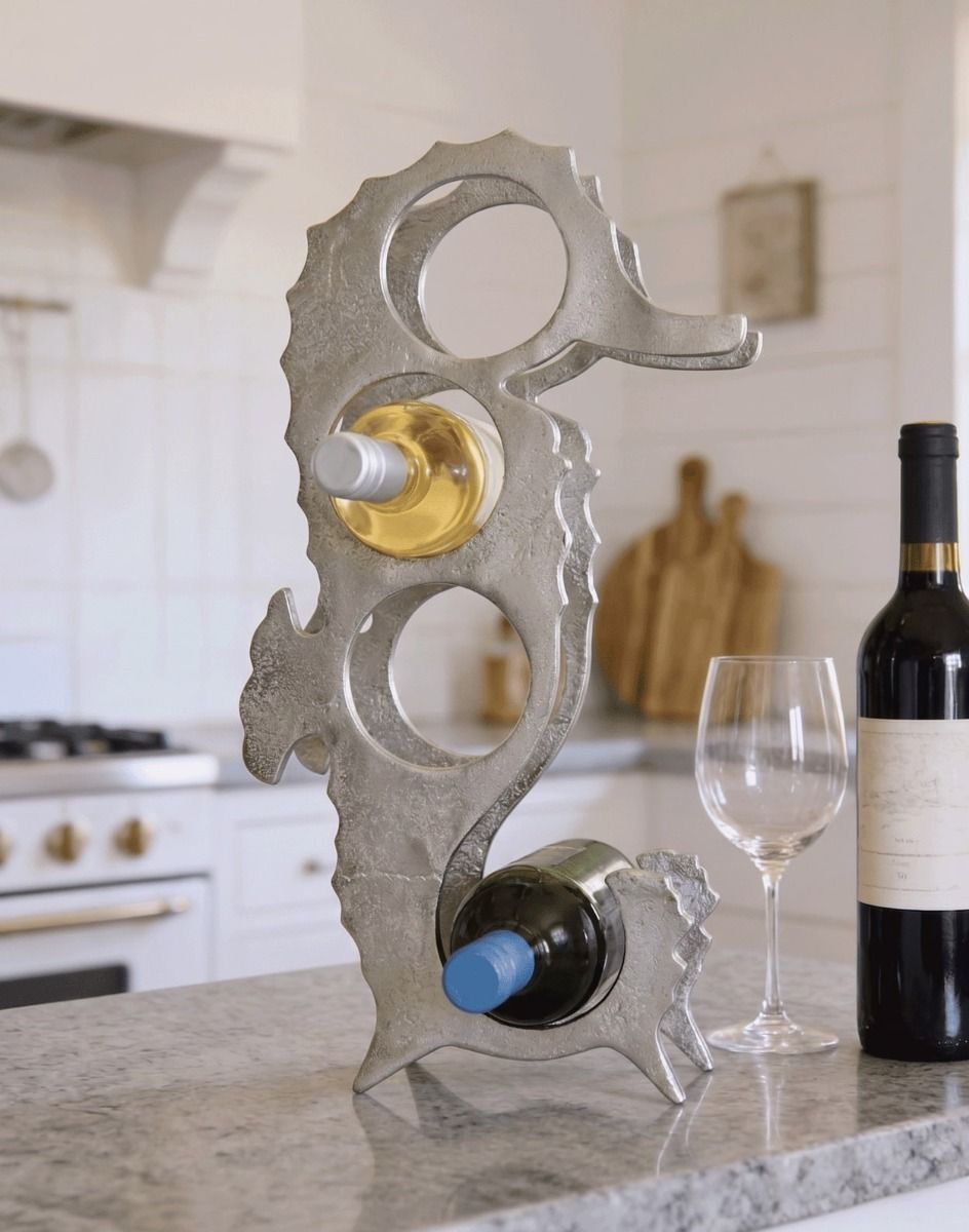The Polished Nickel "Seahorse" Wine Rack on a Marble Effect Kitchen Island next to a Wine Glass - Digital Illustration