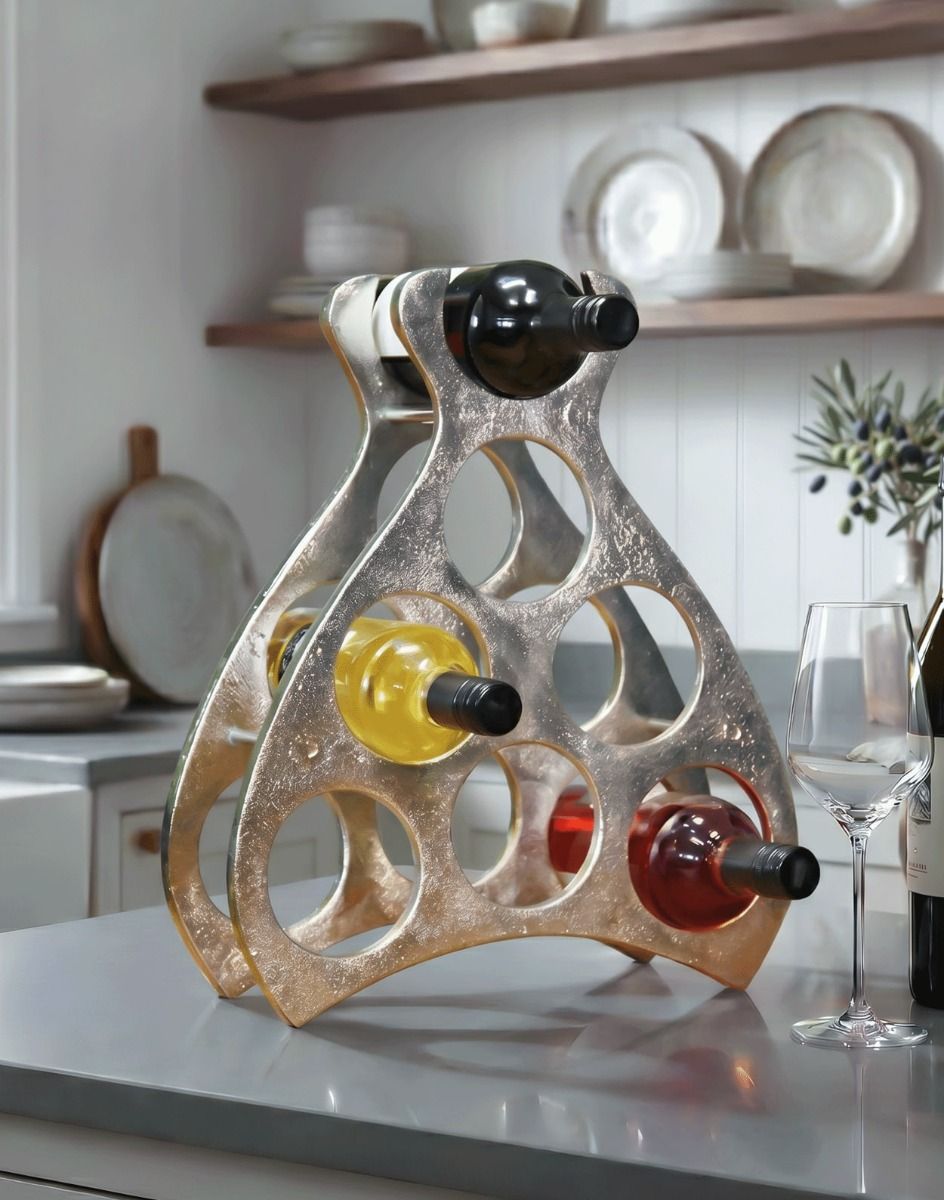 The Polished Nickel "Wine Lodge" Wine Rack Positioned on a Kitchen Island in a Modern Home - Digital Illustration 