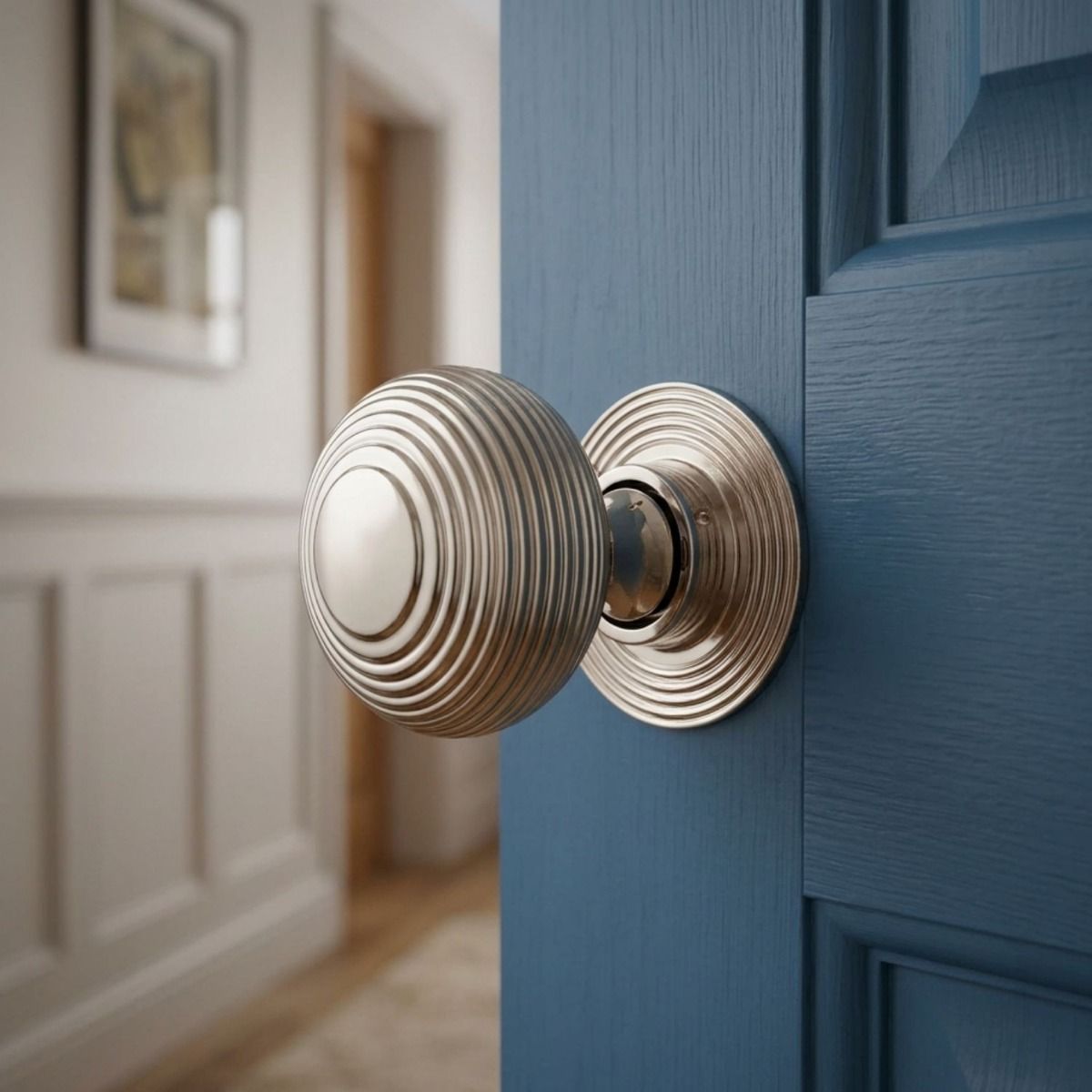 The Polished Nickel Beehive Door Knob Seton a Blue Wooden Door in a Home Corridor - Digital Illustration 