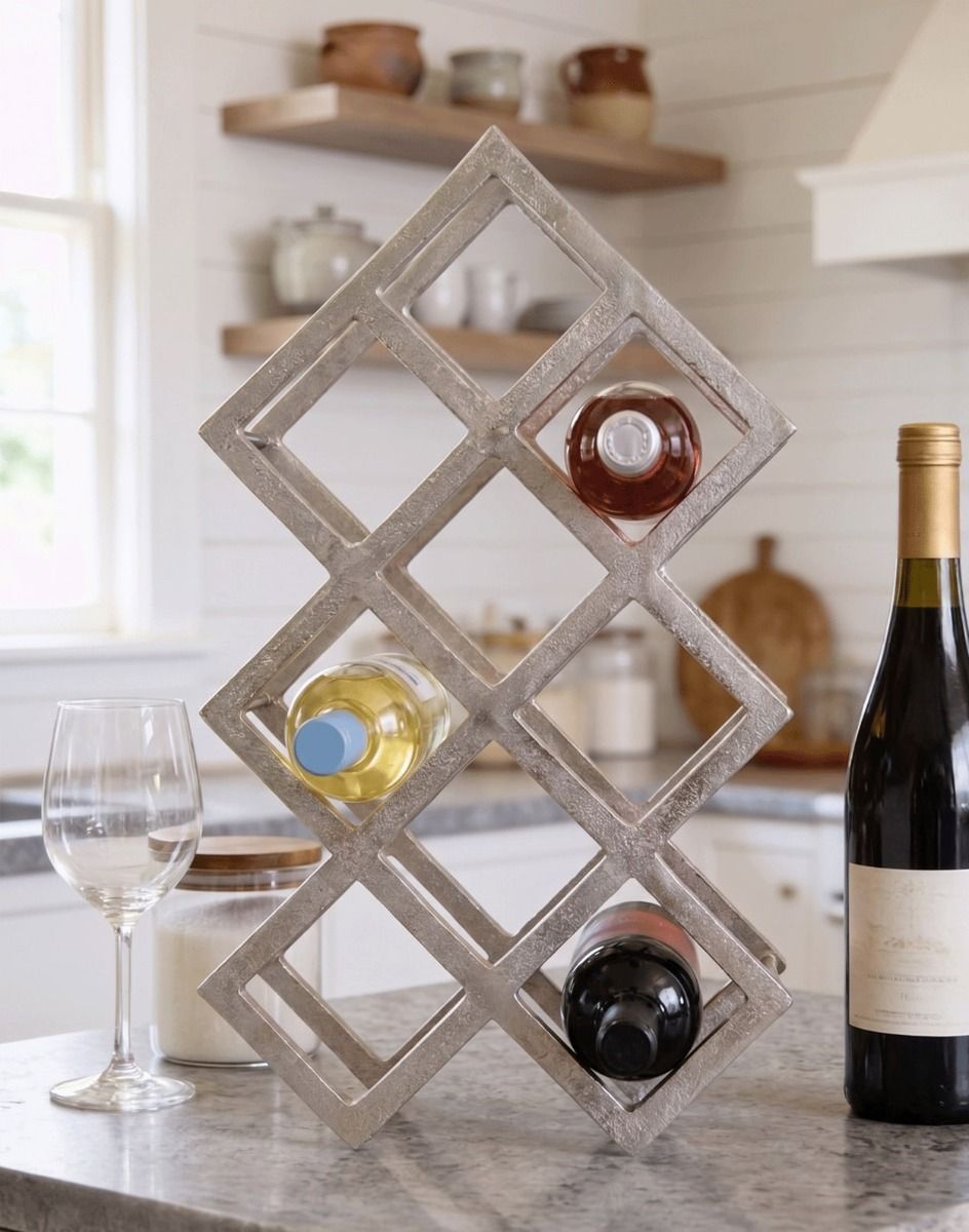 The Polished Nickel "Geometric" 9 Bottle Wine Rack In a Luxury Modern Kitchen Next to a Wine Bottle - Digital Illustration