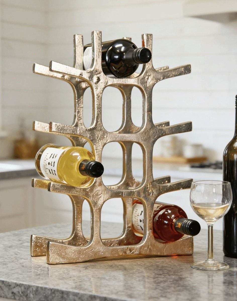 The Polished Nickel "Kempton House" Wine Rack Displayed with Wine Bottles on a Sleek Contemporary Kitchen Countertop - Digital Illustration