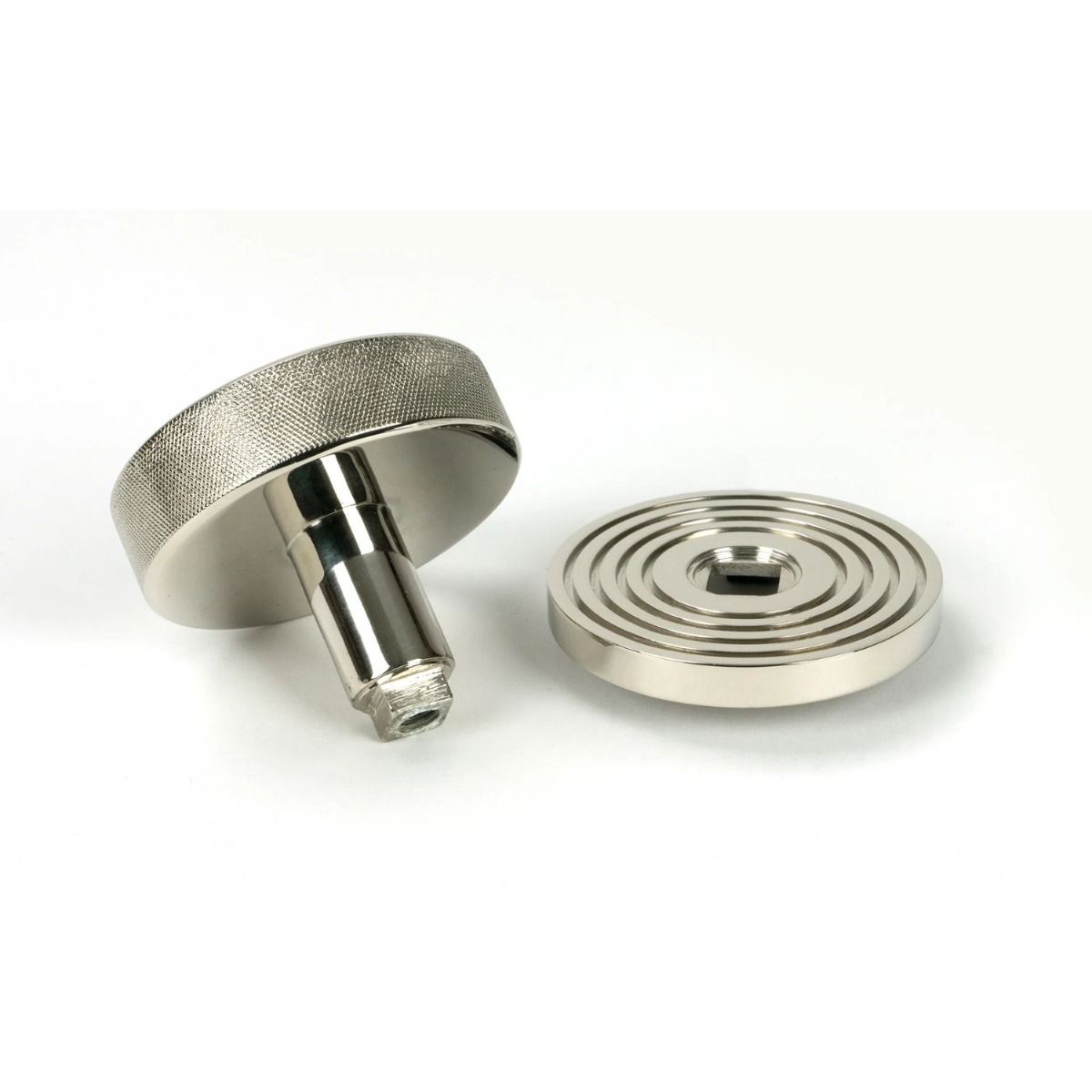 The Polished Nickel Knurled Centre Door Knob on Beehive Rose Displayed in Separate Sections 