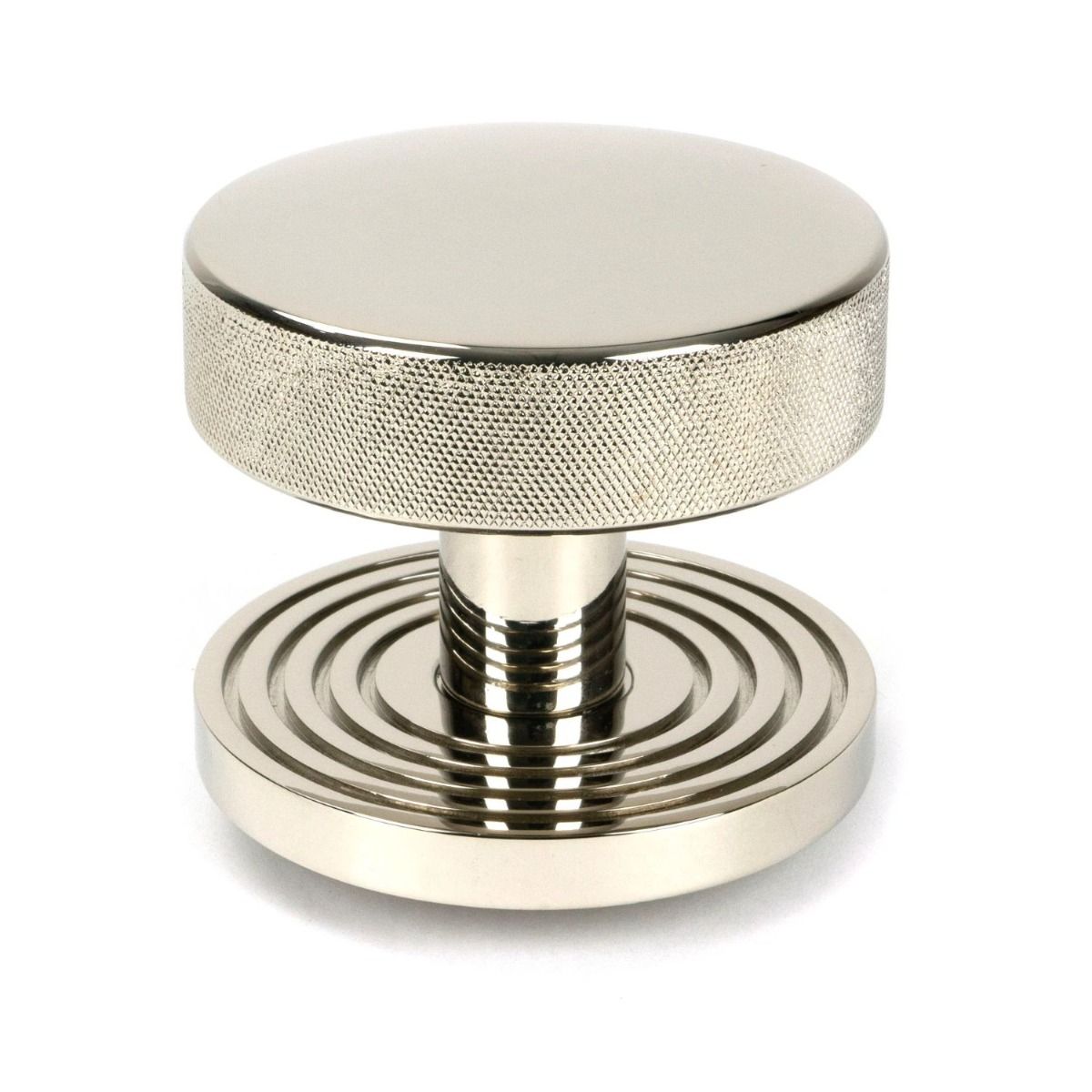 The Polished Nickel Knurled Centre Door Knob on Beehive Rose Shown Upright on a White Background 