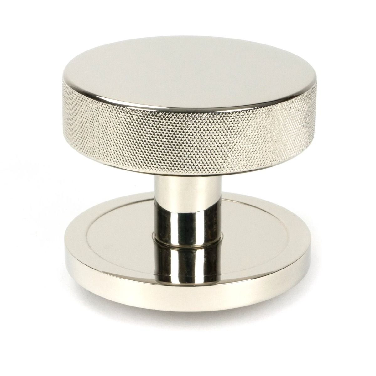 The Polished Nickel Knurled Centre Door Knob on Plain Rose Shown Upright on a White Background 