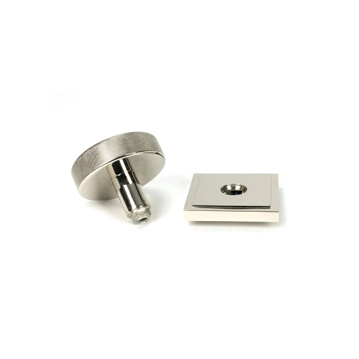 The Polished Nickel Knurled Centre Door Knob on Square Rose Displayed in Separate Sections 
