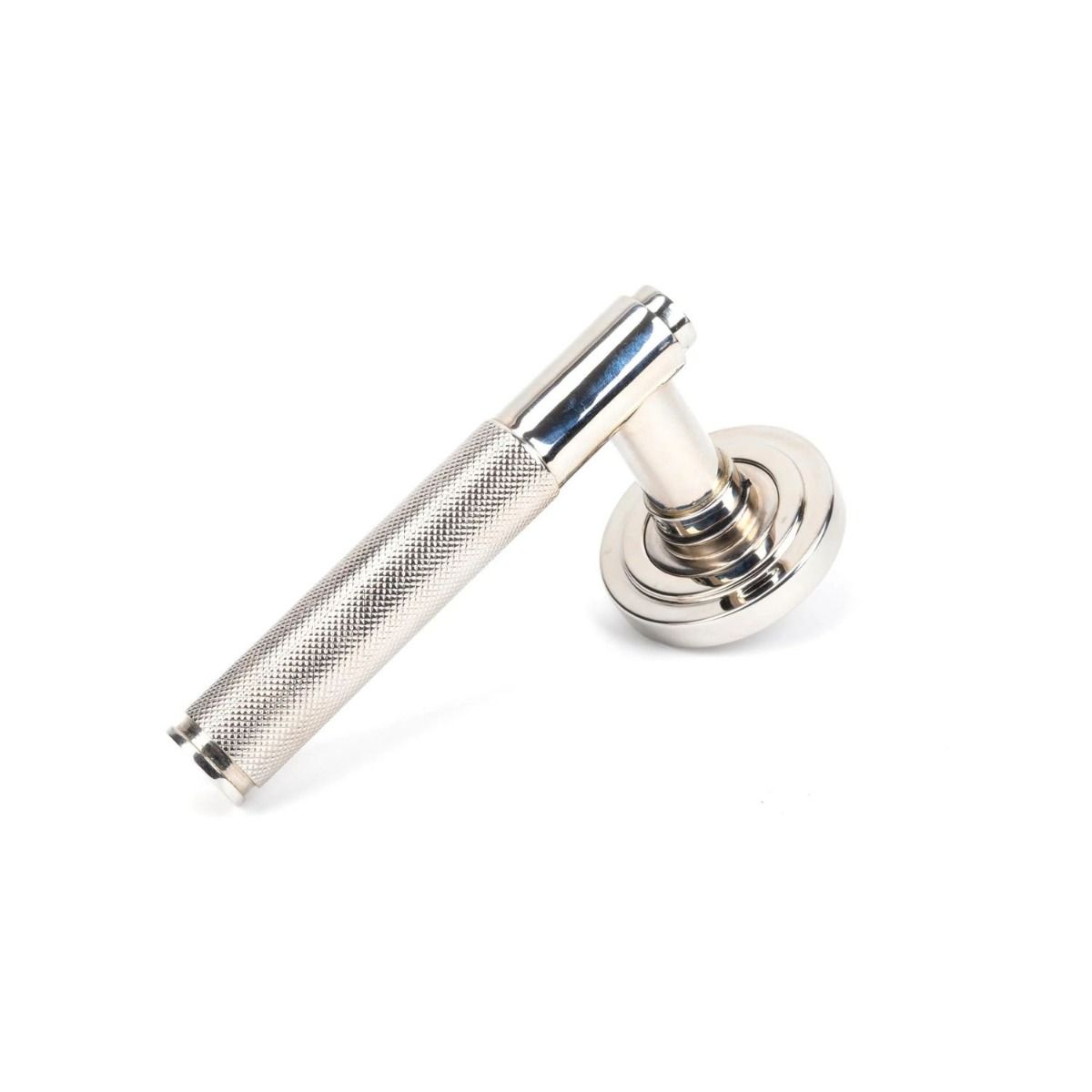 The Polished Nickel Knurled Lever on Art Deco Rose Set on a White Background 