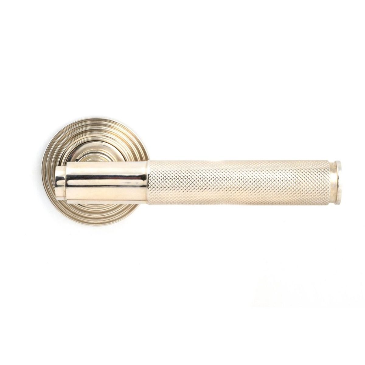 The Polished Nickel Knurled Lever on Beehive Rose Set Shown from the Front 