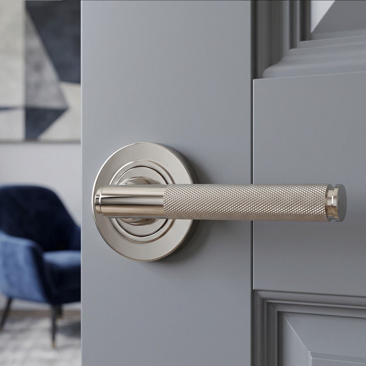 The Polished Nickel Knurled Lever on Plain Rose Set in a Modern Living Room Setting on a Grey Door - Digital Illustration 