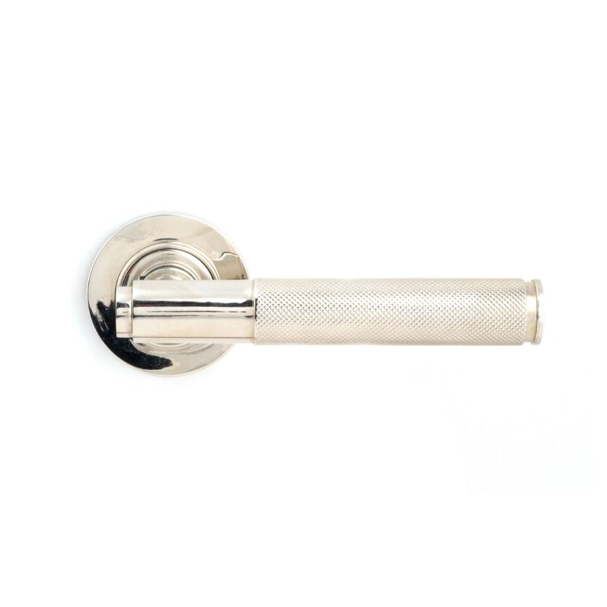 The Polished Nickel Knurled Lever on Plain Rose Set Shown from the Front 