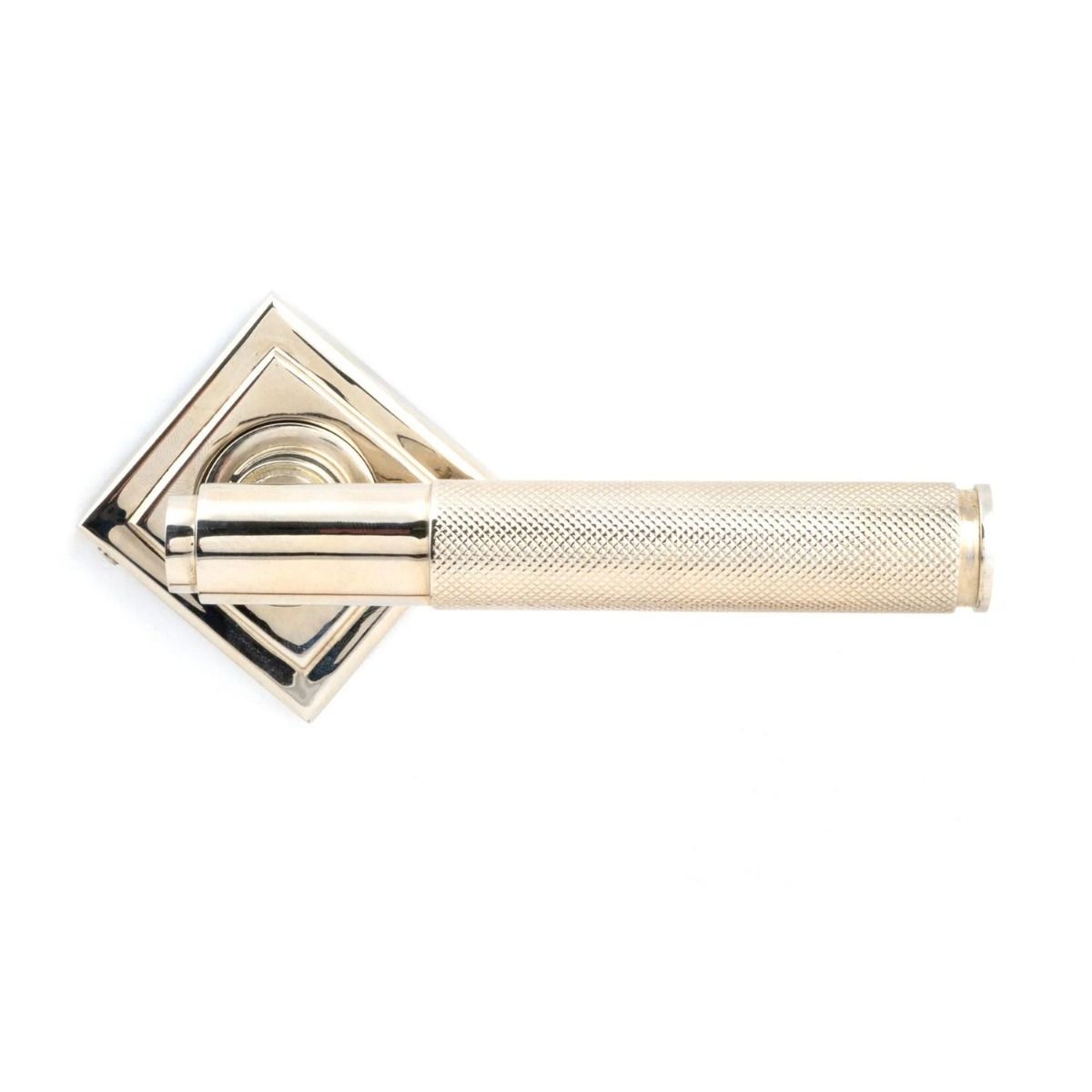 The Polished Nickel Knurled Lever on Square Rose Set Shown from the Front in the Diamond Orientation