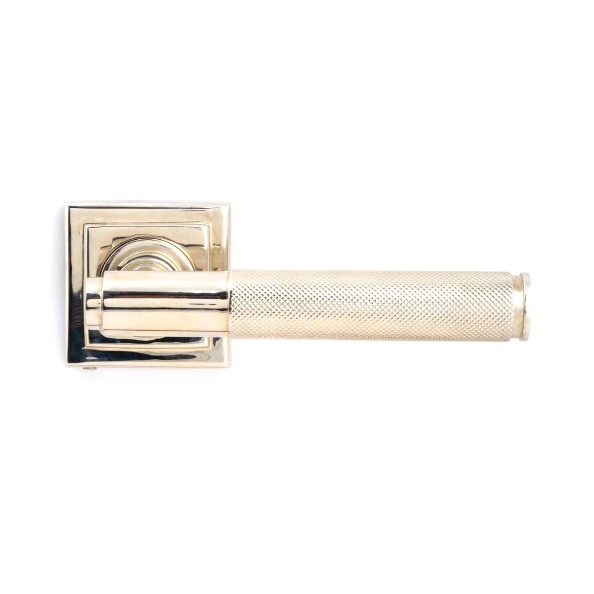 The Polished Nickel Knurled Lever on Square Rose Set Shown from the Front in the Square Orientation