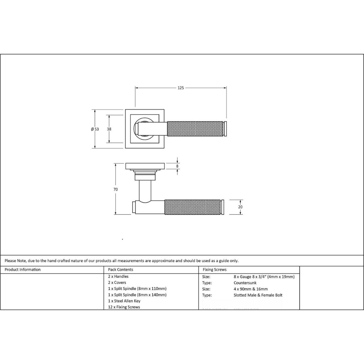 The Polished Nickel Knurled Lever on Square Rose Set Technical Drawings and Dimensions 