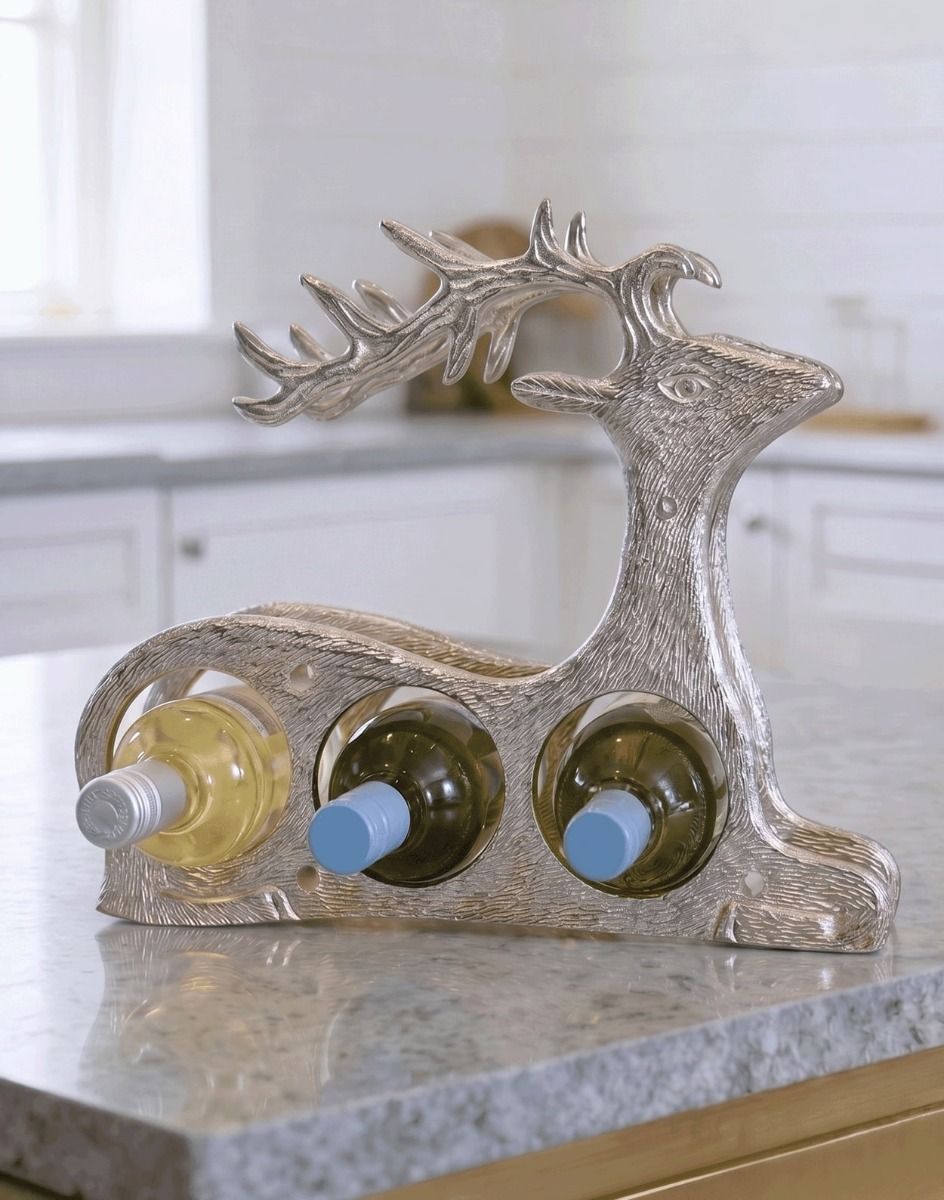 The Polished Nickel "Laying Stag" Wine Rack on a Modern Kitchen Countertop - Digital Illustration