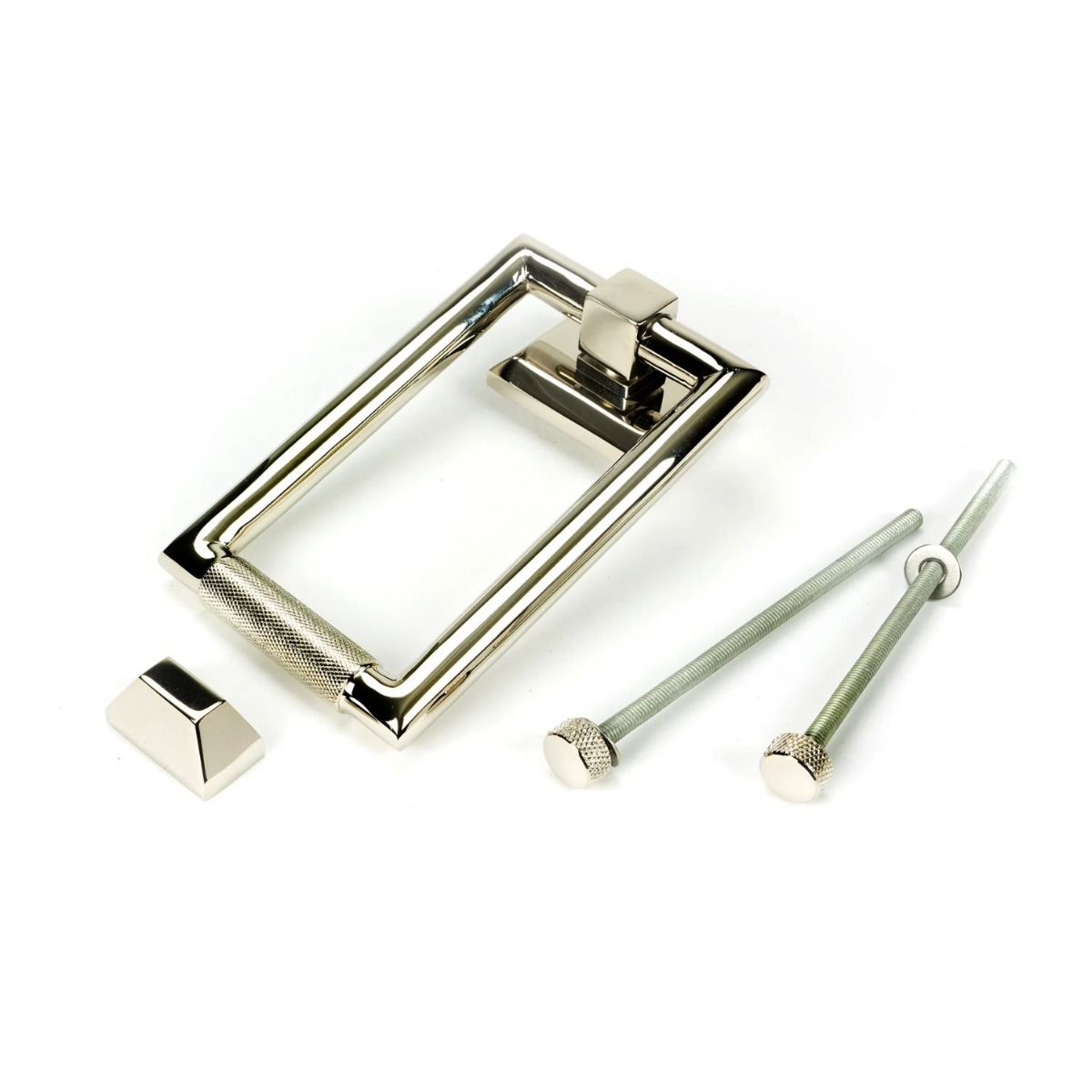 The Polished Nickel Modern Knurled Rectangular Door Knocker with all Components 