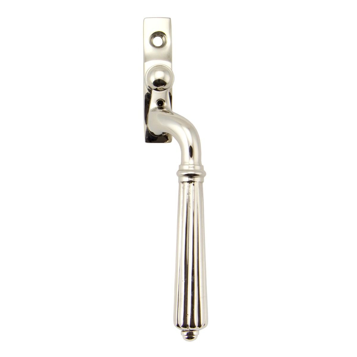 The Polished Nickel Reeded Georgian Espagnolette Window Handle on a White Background 