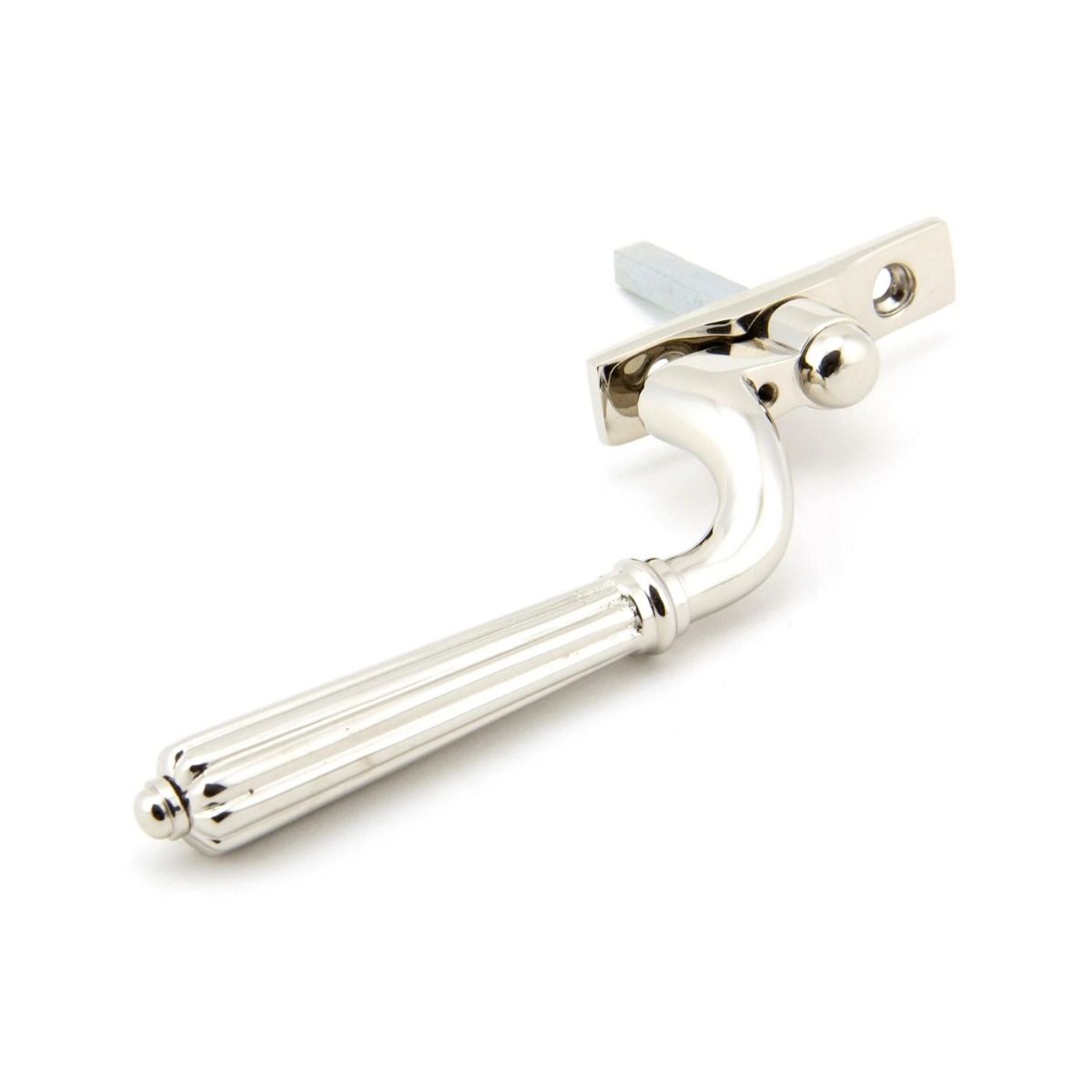 The Polished Nickel Reeded Georgian Espagnolette Window Handle on a White Background Shown on its Side 