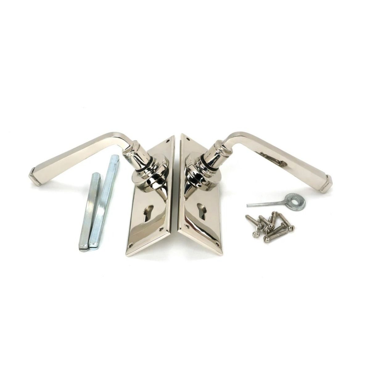 The Polished Nickel Sleek Architectural Lever Lock Door Handle Set on Plain Backplate Shown with Parts