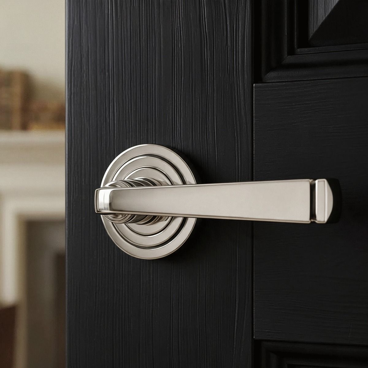 The Polished Nickel Tapered Lever on Art Deco Rose Set on a Black Door in a Traditional Home - Digital Illustration