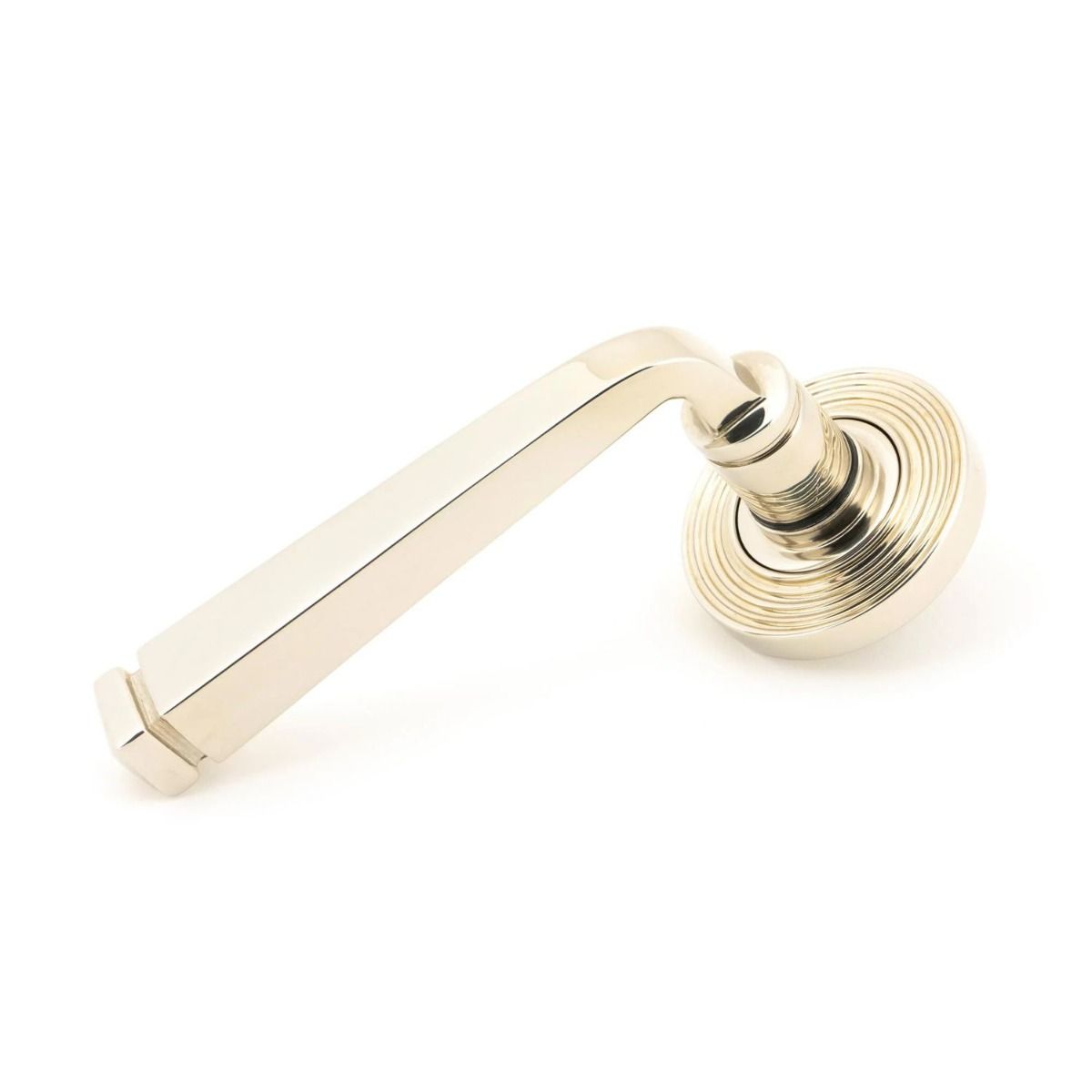 The Polished Nickel Tapered Lever on Beehive Rose Set on a White Background 