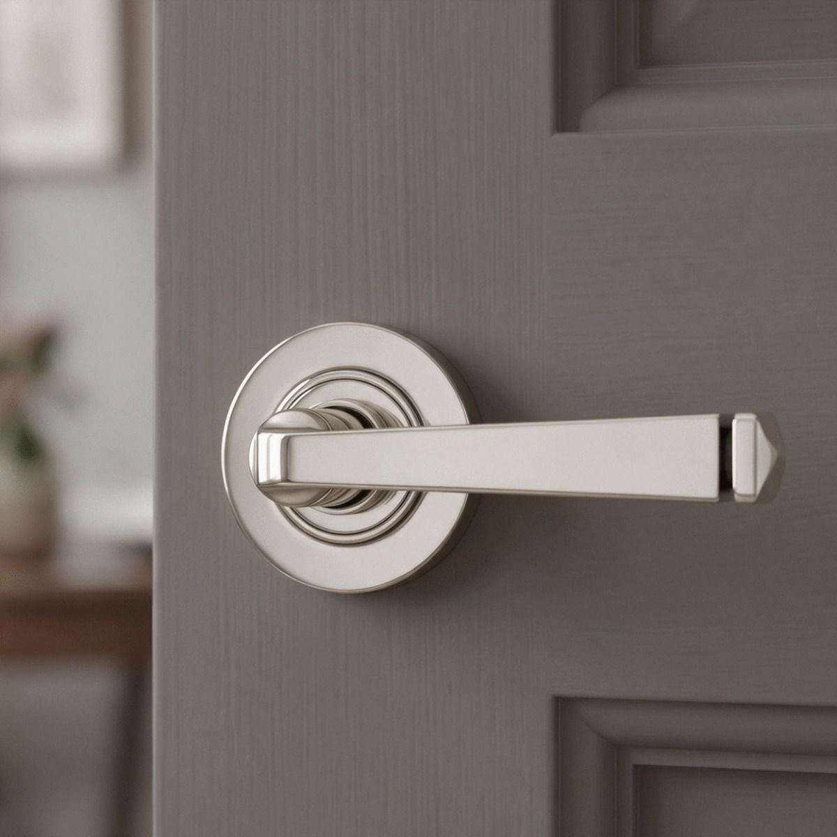 The Polished Nickel Tapered Lever on Plain Rose Set on a Light Grey Timber Door in a modern Home - Digital Illustration 