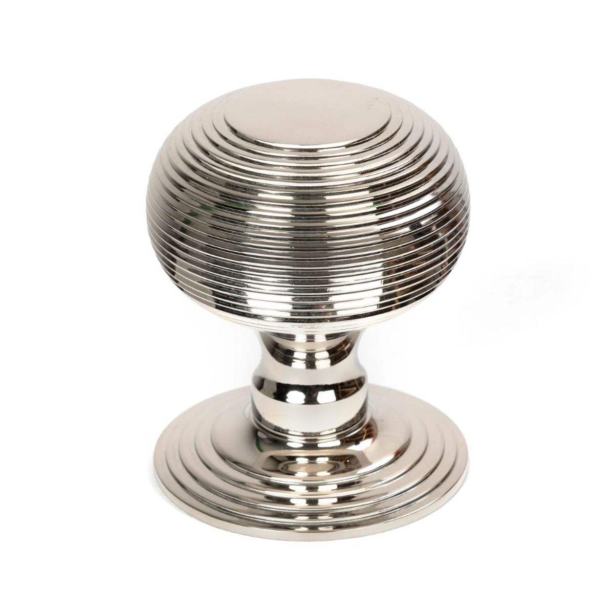 The Polished Nickel Traditional Beehive Centre Door Knob on a White Background Shown Upright 